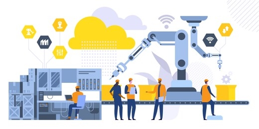 robotic machinery flat vector illustration. factory workers, engineers cartoon characters. high tech manufacturing technologies. coworkers standing near assembly line. industrial revolution concept
