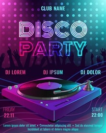 poster flyer template with record player, shapes of dancing people and neon lights on the background. music event flyer in pink and blue colors