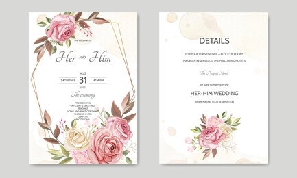 wedding invitation card template set with beautiful floral leaves