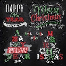 merry christmas and new year lettering collection of christmas tree from letters stylized for the drawing with chalk of red, green on the blackboard. vector  