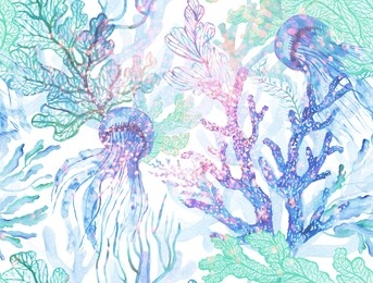 watercolor corals. seamless pattern with the underwater world