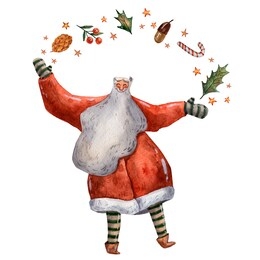 cute fairy tale santa claus. watercolor happy new year illustration. big beard. magic items. hand drawn cartoon illustration. sweets, stars, acorns, holly and mistletoe plants. holiday greeting card.