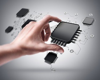 man's hand holding cpu chip