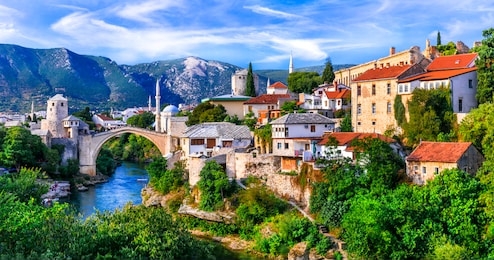 amazing iconic old town mostar with famous bridge in bosnia and herzegovina, popular tourist destination
