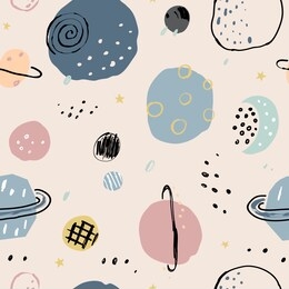 cute space seamless pattern. cosmos doodle illustration. seamless pattern with cartoon planets and stars. vector illustration for wrapping paper, textile, surface textures, childish design.