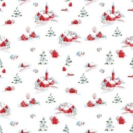 winter watercolor landscape pattern, cute winter city, red houses in the snow, people on the ice rink