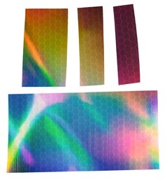 super shiny rainbow stickers. cool set of metallic holographic sticky tape shapes cuts isolated on white background. holo glitter stripes or snips.