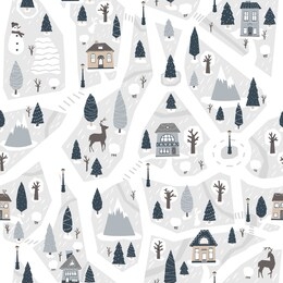 christmas city map. nursery vector seamless pattern with roads, houses, forest, animals. limited pastel palette with red. ideal for festive textile, wrapping paper.