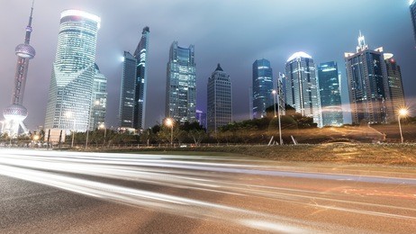 the light trails on the modern building background in shanghai china