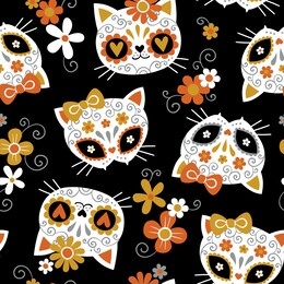 hand drawn seamless vector pattern with cute cat sugar skulls and flowers on black background. perfect for fabric or wrapping paper. 
