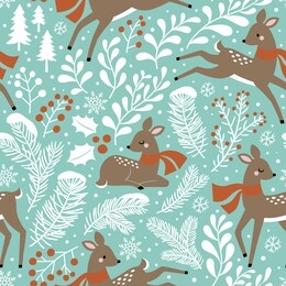 seamless vector pattern with cute christmas deers, pine and holly on white background. 