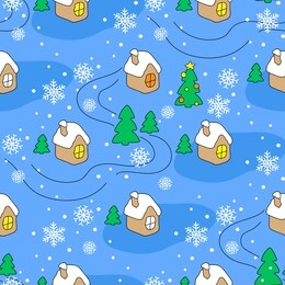 christmas night, houses, christmas trees with toys, snow and roads vector seamless pattern. blue, green, yellow and white colors.