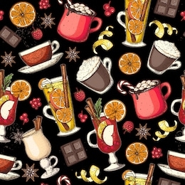 hot drinks. colorful seamless pattern. mulled wine, winter hot drink. hand drawn sketch. vector illustration. christmas invitation design template. christmas bar menu. mulled wine, coffee and tea 