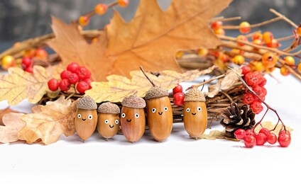 acorns, berries and oak leaves. funny acorns emotion face. cute family of acorns in hats. children's creativity from forest harvest. funny figures made with acorns. creative diy idea. close up