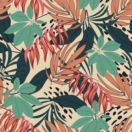 abstract seamless tropical pattern with bright colorful leaves and plants on pastel background. seamless exotic pattern with tropical plants. exotic wallpaper. 
trendy summer hawaii print.