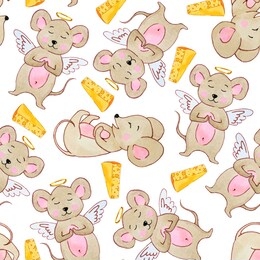 

illustration  cute beige mice with pink watercolor shekas seamless pattern