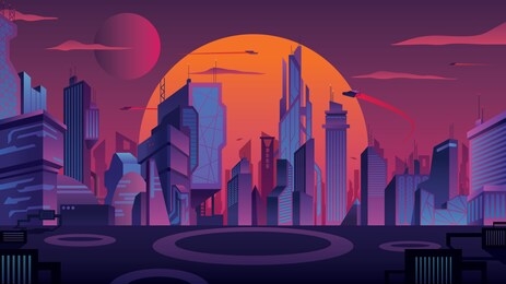 beautiful cityscape with futuristic city at sunset.