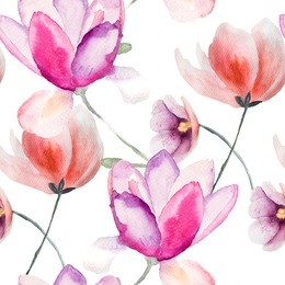 colorful pink flowers, watercolor illustration, seamless pattern 
