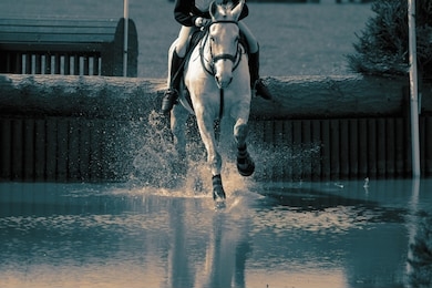 horse and rider at a water jump competing, in the cross country stage, at an equestrian three day event. with colour toning