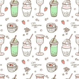 bubble milk tea funny seamless pattern. hand drawn kawaii smiled drinks. cute cartoon vector illustration. colorful background with ice tea characters