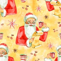 merry christmas and happy new year seamless pattern with santa and gifts on white background. watercolor illustration.