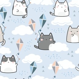 seamless pattern kawaii cute cats, cartoon animals background, vector illustration.