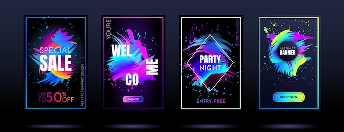 vector banners. modern art design. element for design business cards, invitations, gift cards, flyers and brochures. gradient 3d brush. party dance banners. color paint splash. neon light on dark 