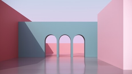 architectural construction against the blue sky. 3d render illustration with copy space. simple, stylish, popular architectural illustration for advertising, business, presentations, wallpapers.