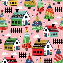 seamless pattern with decorative house and christmas trees
  - vector illustration, eps    
