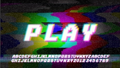 glitch error vhs vector phrase in pixel art style with screen glitch static  noise. rgb color illustration. retro alphabet font. tv television disturbances screen. basic platform. occasional pixels.