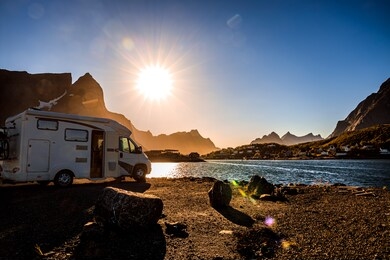 family vacation travel rv, holiday trip in motorhome, caravan car vacation. beautiful nature norway natural landscape.