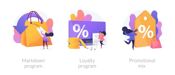 shopping marketing campaign icons cartoon set. store special offers advertisement. markdown program, loyalty program, promotional mix metaphors. vector isolated concept metaphor illustrations