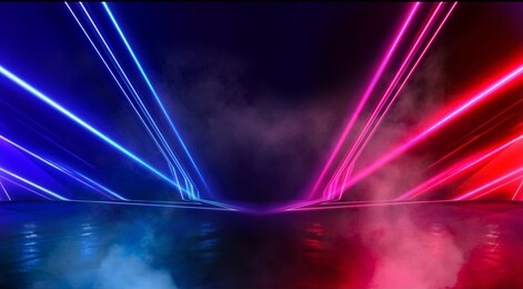 wet asphalt, concrete, road. night view of a dark neon scene. neon lights, lines, rays of blue red neon. abstract light, virtual scene.