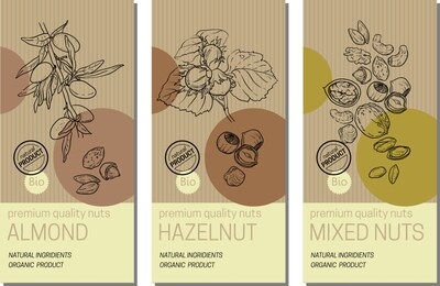 vector set of labels with nuts sketches: almond, hazelnut and mixed nuts. healthy food, bio, organic, natural product. craft paper packaging