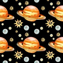 watercolor childish seamless pattern with hand drawn space elements space, planets. trendy kids background. space seamless pattern - planets, comet, stars. watercolor universe on black background