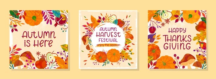 bundle of seasonal vector autumn illustrations for thanksgiving day and harvest festival with pumpkins,mushrooms,pomegranates,figs,apples,plants,leaves,berries and floral elements.trendy fall designs.