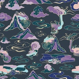 seamless illustration of landscape with stylized mountains, waterfalls, winds and clouds in asian style. vector pattern in shades of yellow, purple, aqua, green, indigo and grey. 