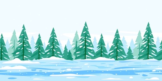 winter nature landscape with spruce trees covered with snow tillable horizontally, beautiful winter day on snowy path through the forest, spruce trees in the snowstorms