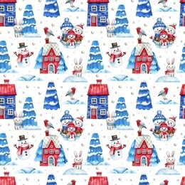 watercolor seamless  christmas background with cute snowmen, snowy houses and xmas trees. bright watercolor christmas background is preferred for wrapping paper, textile, cards.