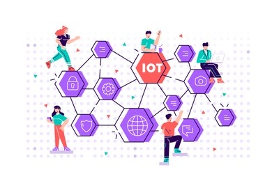 iot concept. internet of things. network. everything connectivity device concept, business with internet, with small people around. flat style vector design illustration for web, print, presentation. 