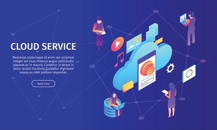 isometric cloud service horizontal banner with composition of icons and images editable text and clickable button vector illustration
