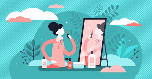 daily beauty life vector illustration. flat tiny woman makeup person concept. skin care, cosmetology and hair treatment as everyday female bathroom facial routine. fashion industry for attractive lady