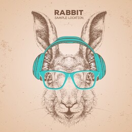 hipster animal rabbit with headphones. hand drawing muzzle of animal bunny