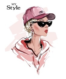 hand drawn beautiful young woman in cap. stylish girl in sunglasses. fashion woman look. sketch. vector illustration.