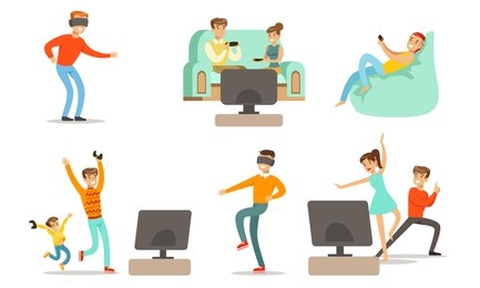 people playing video games set, men, happy women and kids characters relaxing at home vector illustration