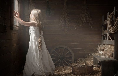 little girl in a shed with kittens opens a window to the street
