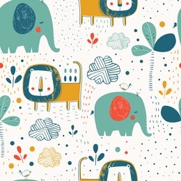 safari seamless pattern with cute elephants, lions birds and tropical plants. can be used for t-shirt print, kids wear fashion design, baby shower invitation card. - vector
