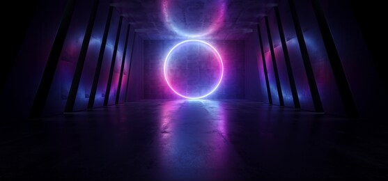 neon glowing sci fi futuristic alien spaceship circle shaped laser beam purple blue dark hall underground tunnel corridor realistic stage night virtual path gate 3d rendering illustration