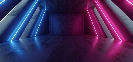 big hall neon laser purple blue red lines beam futuristic sci fi concrete cement columns tall huge reflective path gate empty underground garage realistic virtual background 3d rendering illustration
