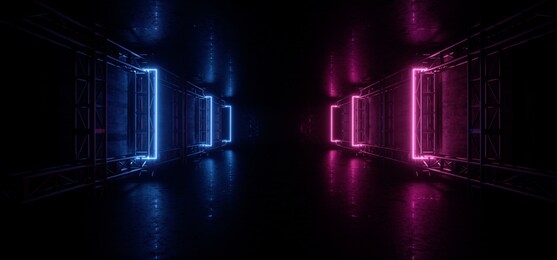 dark neon construction blue purple glowing futuristic sci fi stage show garage rough grunge concrete night tunnel corridor empty virtual underground background 3d rendering illustration